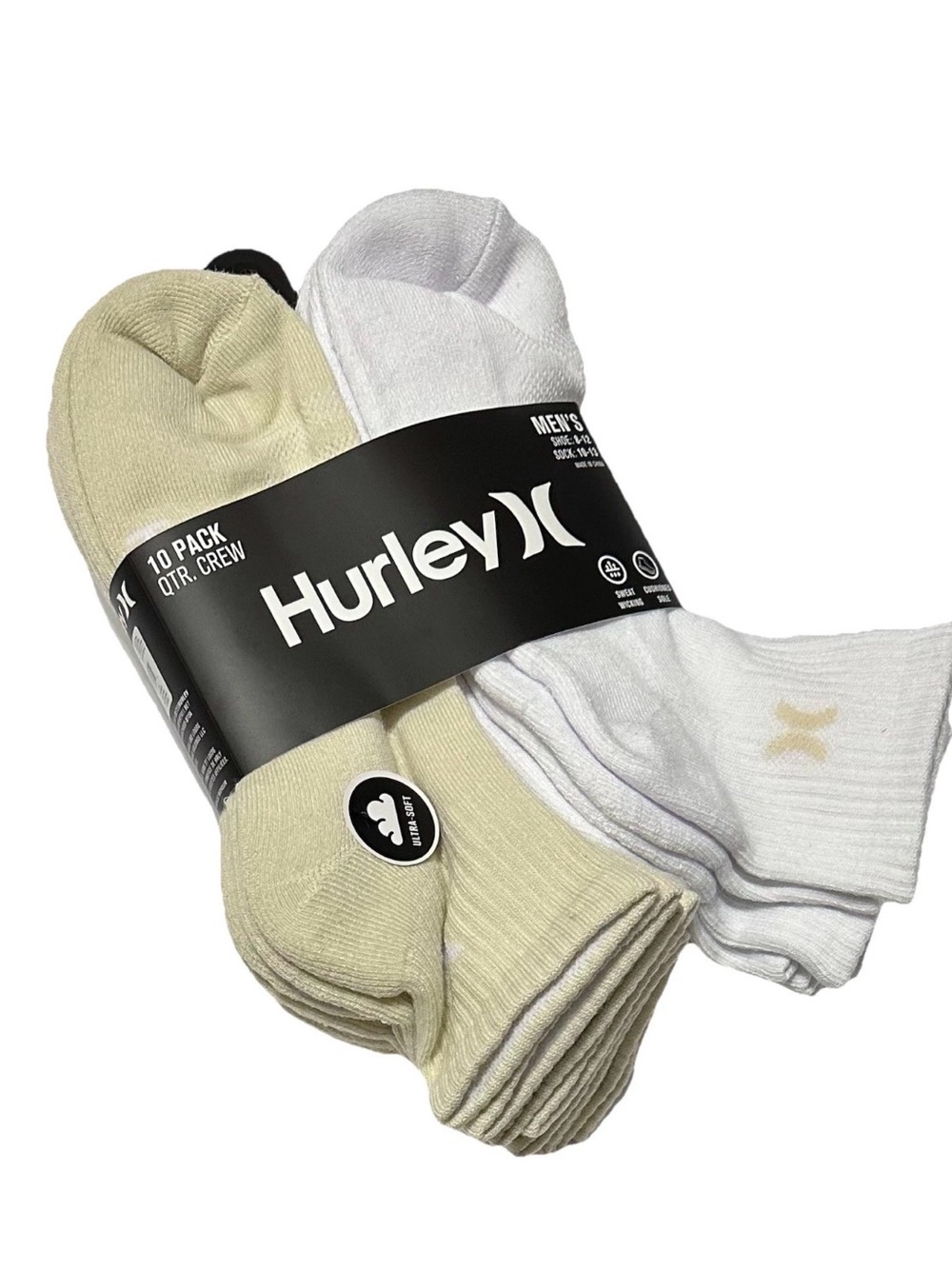 Hurley Men's 10-Pack Quarter Crew Socks White/Beige
